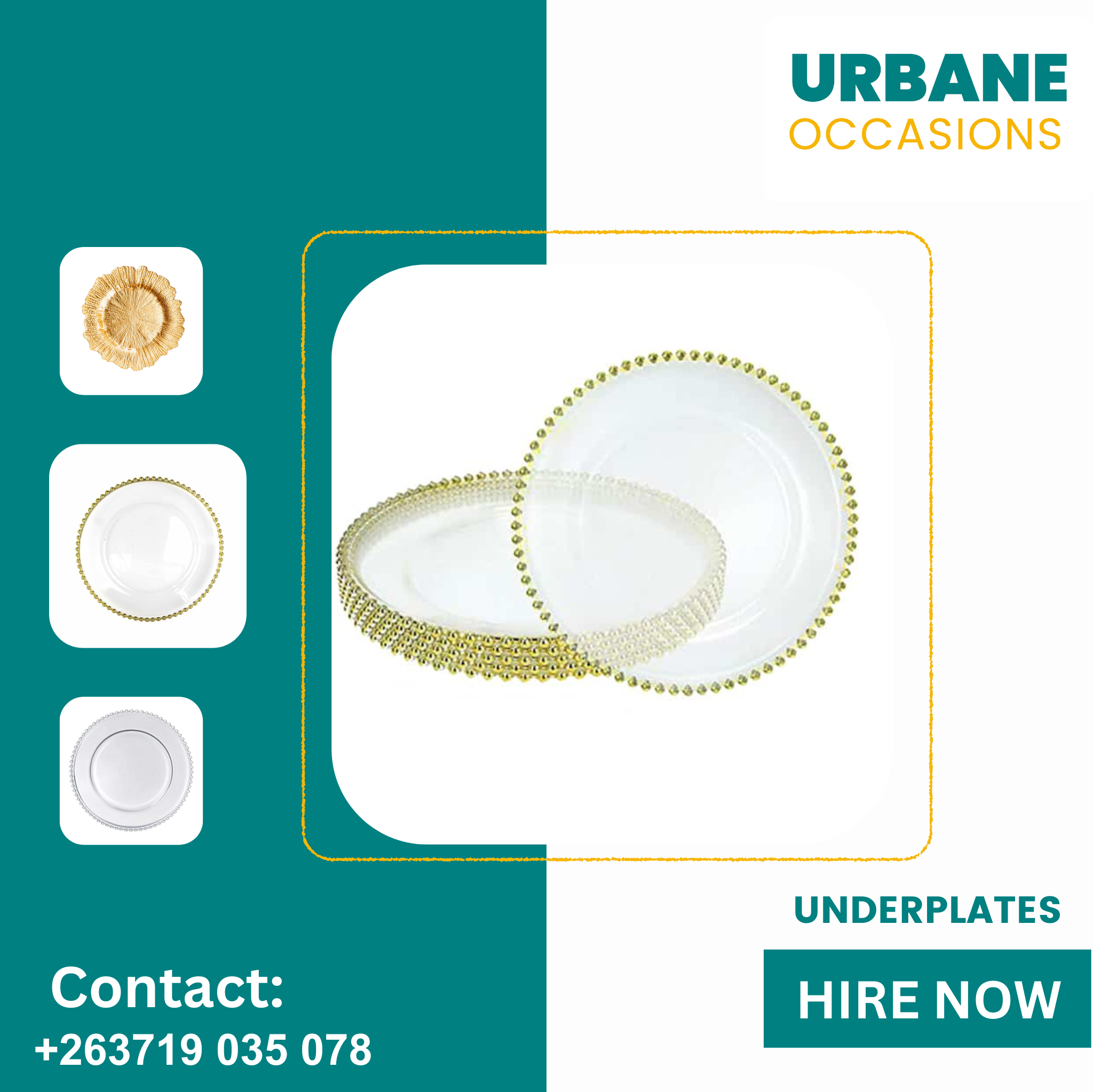 Gold Beaded underplates for hire in Harare - Harare Roora Decor Equipment for Hire in Harare